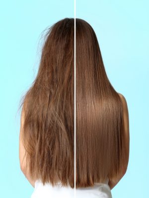 mujer antes después lavar cabello champú hidratante collage fondo turquesa
